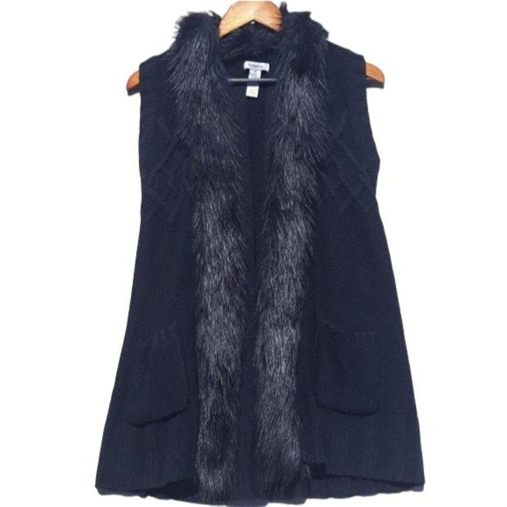 Style & Co Wool Thick‎ Cable Knit Faux Fur Trim Open Cardigan Tunic Black Sz XS